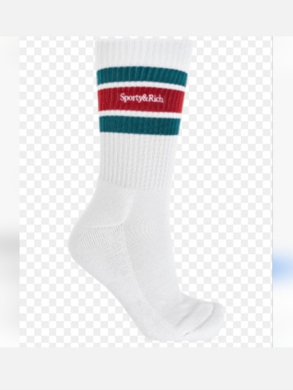 Sporty & Rich White Crew Socks with Teal and Red Stripe Accents